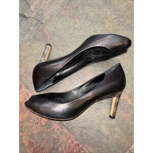Max Mara Black Leather Peep Toe Pumps 3” Silver Heel 8 38.5 Italy Women
